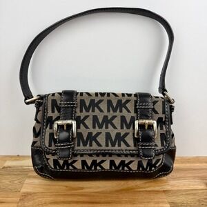 Michael Kors Monogram Canvas Leather Trim Shoulder Bag Tan Black MK Purse